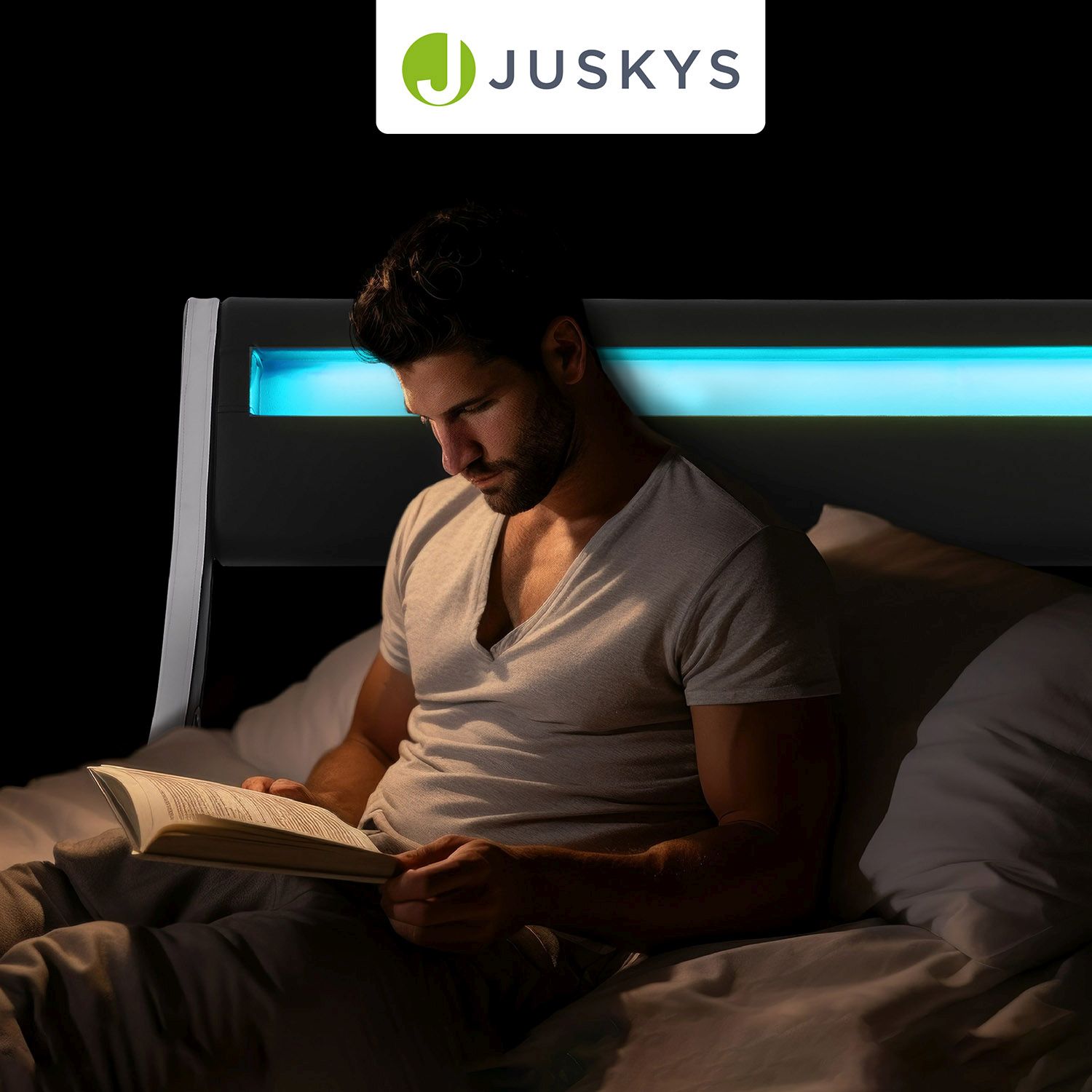 Juskys Polsterbett Bett Valencia 140 x 200 cm schwarz mit Kaltschaummatratze Einzelbett mit LED