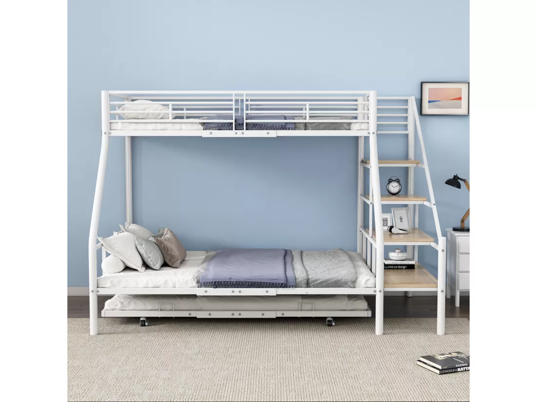Lit superposé 90x200cm & 140x200cm - avec lit gigogne 90x190cm - cadre en fer - Blanc