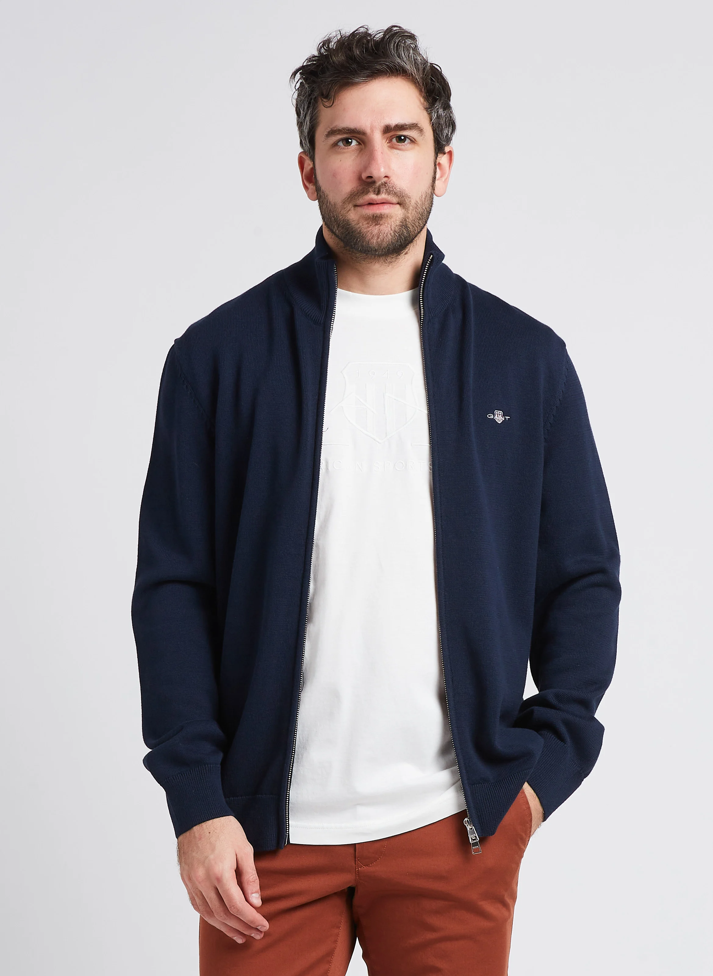 Gilet droit col montant en coton | Bleu