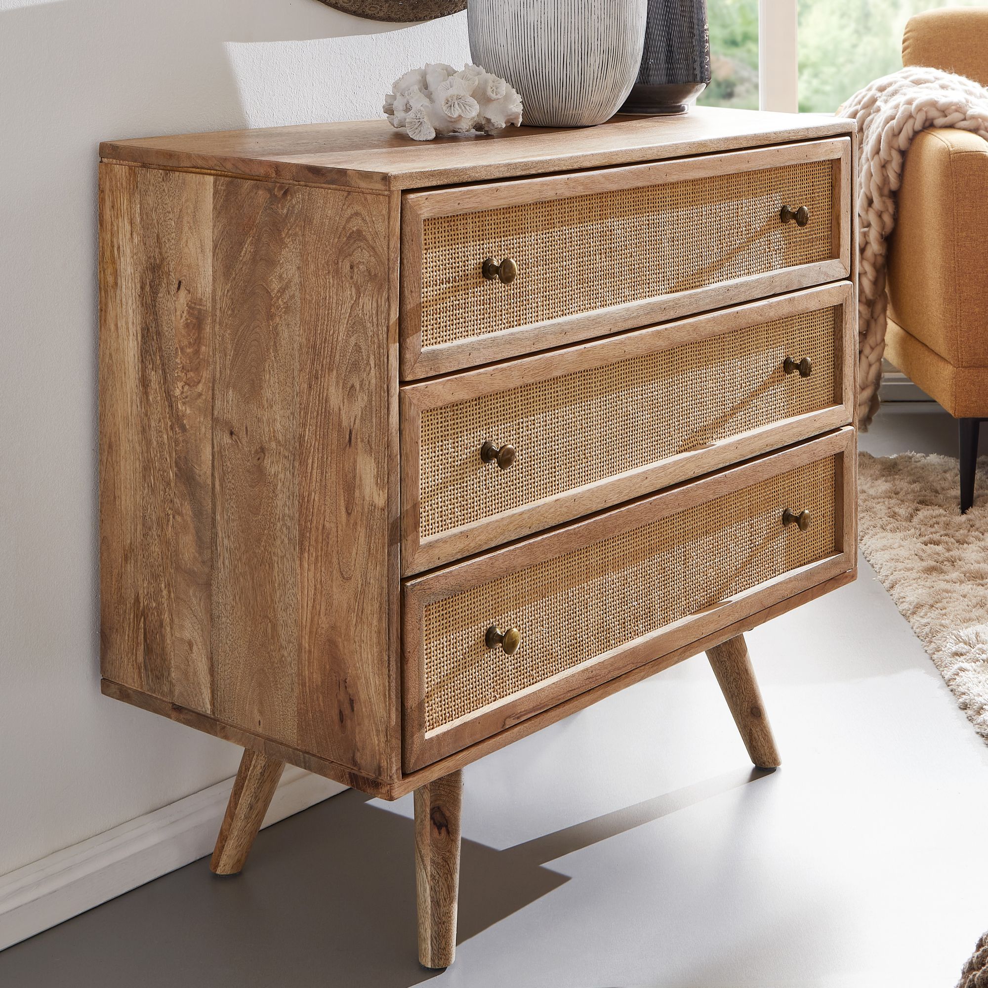 FineBuy Sideboard 80x75x40 cm Mango Massivholz Rattan Anrichte Kommode 3 Schübe