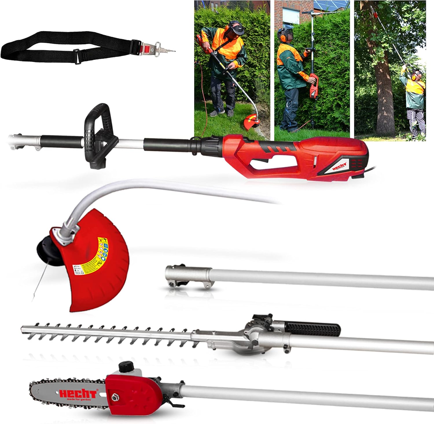 HECHT 3 -IN-1 Elektro Multifunktionsgerät – Rasentrimmer, Hochentaster und Heckenschere in Einem – 900 Watt Starke Gartenwerkzeuge im Set mit Verlängerung für den Garten (Hecht Multitool Rot)