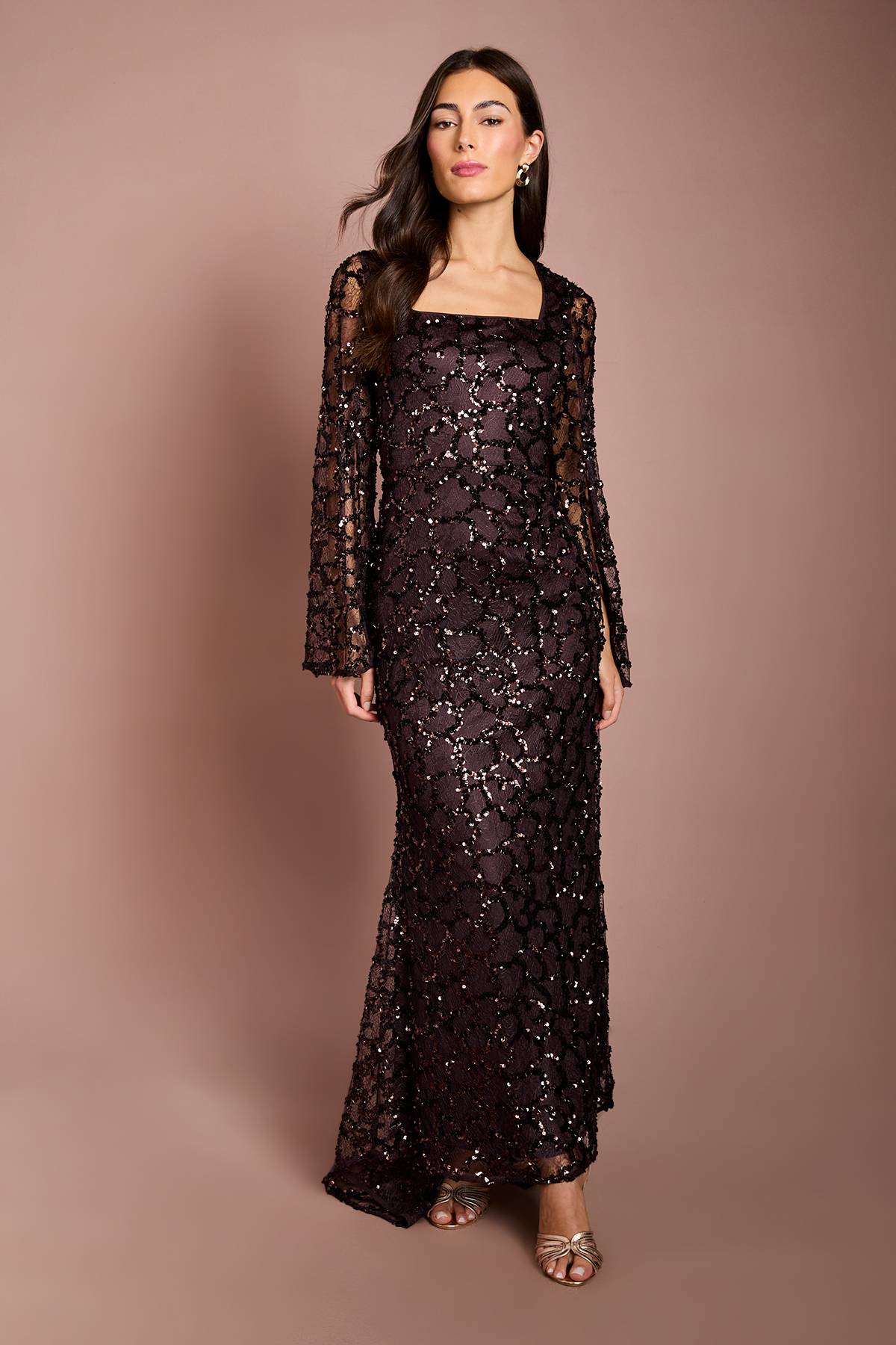 Coast Robe Longue En Dentelle À Sequins Et Manches Longues