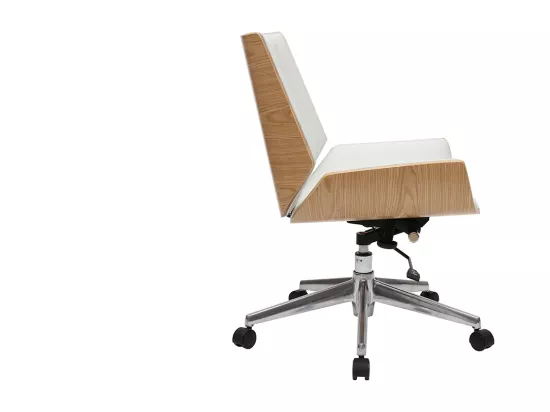 Chaise de bureau à roulettes design blanc, bois clair et acier chromé CURVED