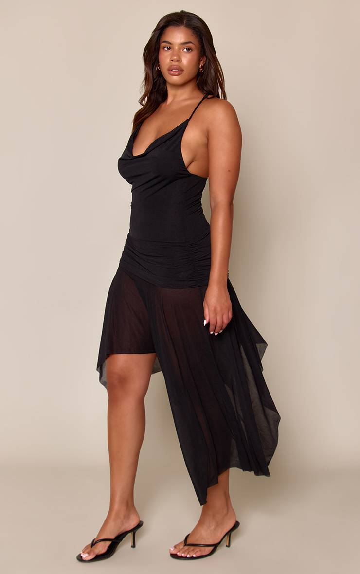 Noir Robe Mi-longue Shape À Col Bénitier, Ourlet Volant En Mousseline Oignon
