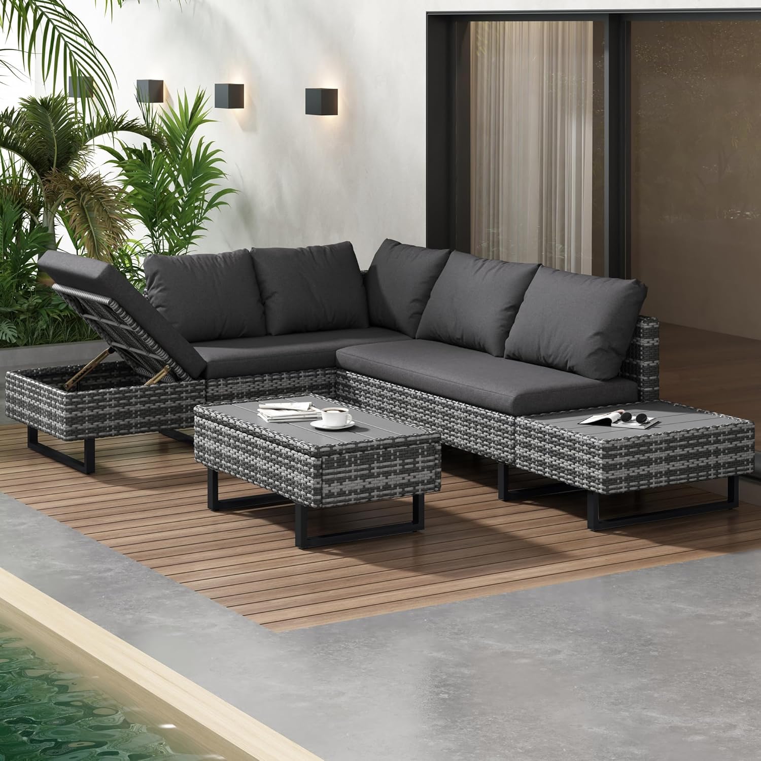 Merax Rattan Gartenmöbel Set mit 4–5 Sitzplätze, Outdoor Balkonmöbel, mit Liegefunktion und Kunststoffplatte Couchtisch, Terrassenmöbel mit Kissen für Balkon Terrasse, Gartenlounge Set, Grau