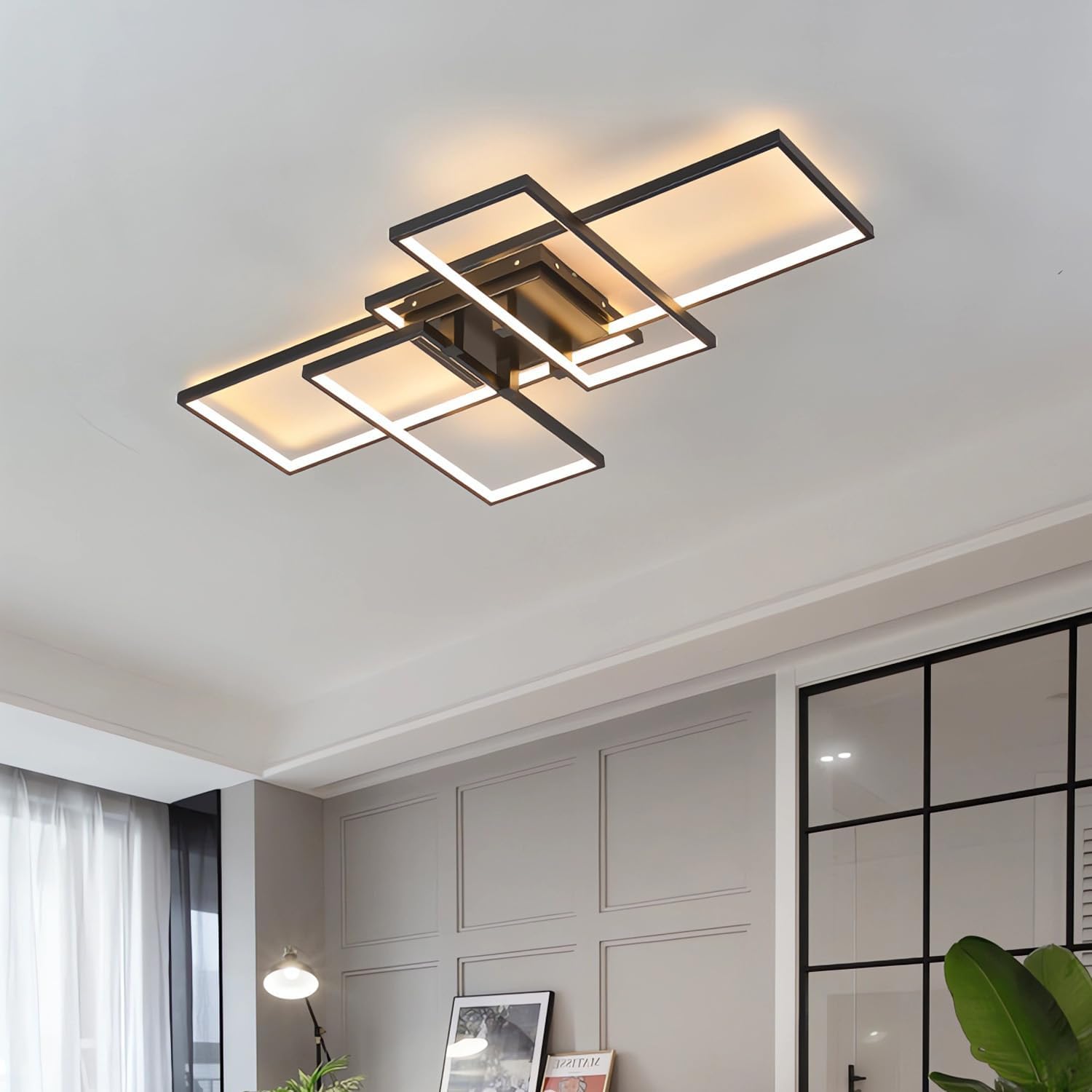 LED Flush Mount Deckenleuchte 80cm Moderne quadratische Leuchte 3000k-6000k Dimmbare decken lampen mit Fernbedienung Acryl Innenbeleuchtung für Wohnzimmer Schlafzimmer Esszimmer (Schwarz, 80cm)