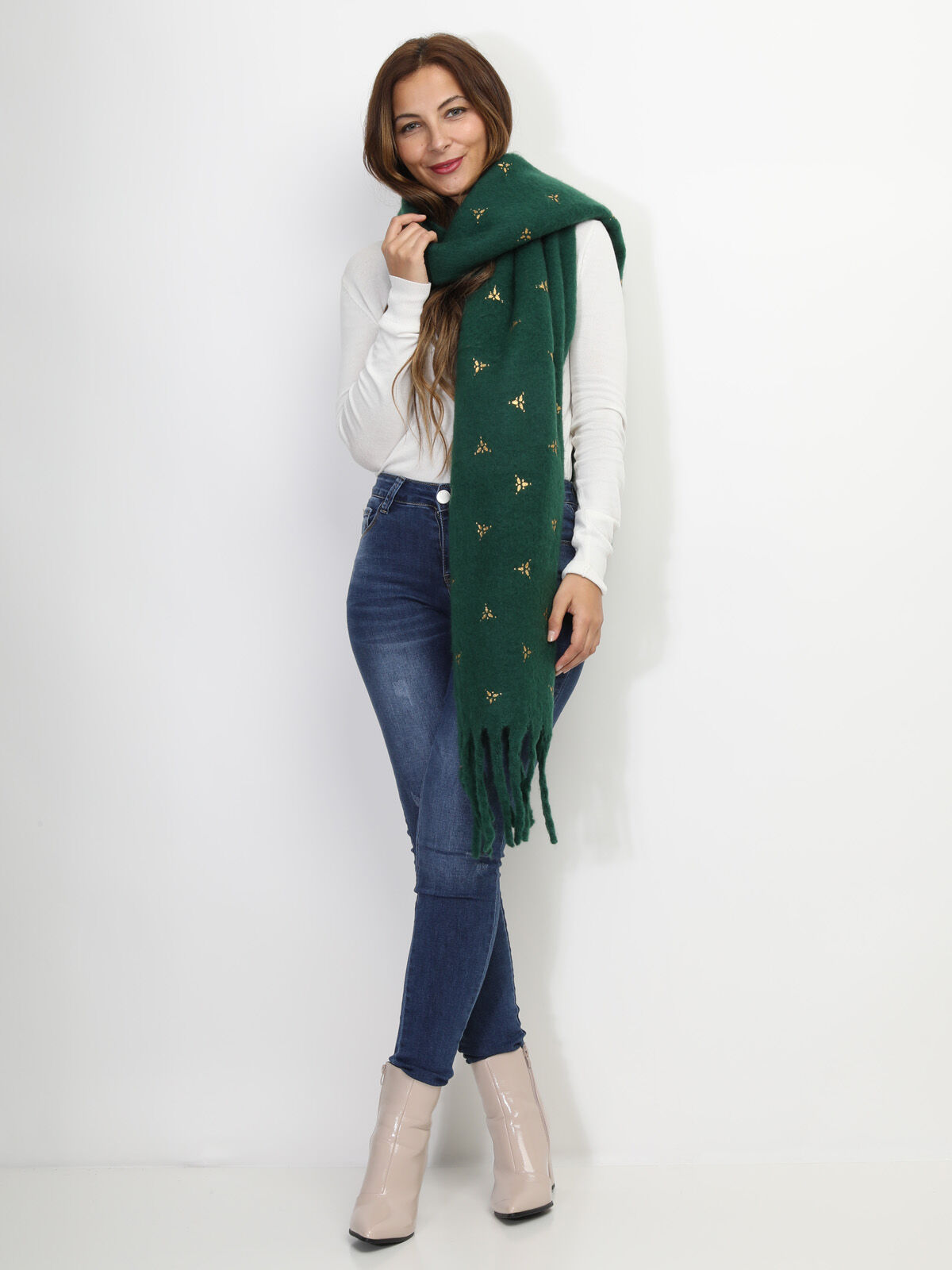 Écharpe duveteuse à motif doré- Vert foncé