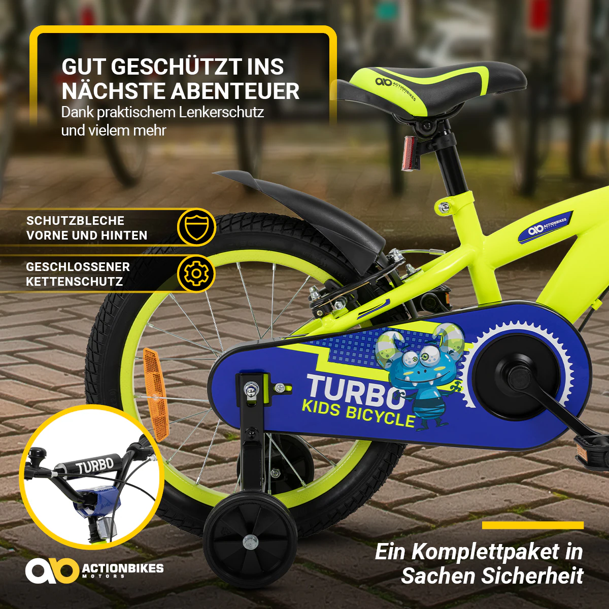 Actionbikes Kinderfahrrad Turbo 16 Zoll, Stützräder, V-Brake-Bremsen, Lenker-/Kettenschutz, Klingel