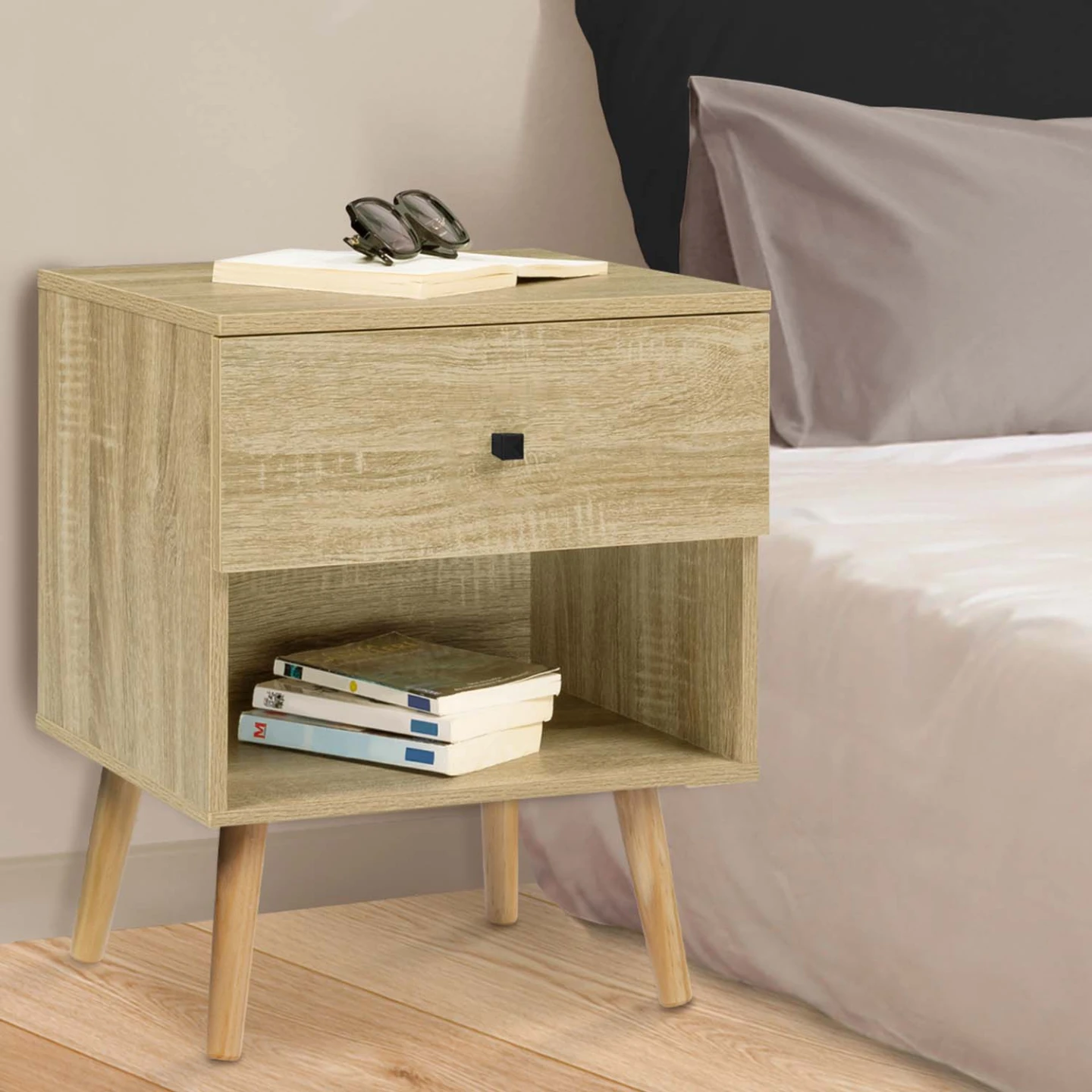 Lot de 2 tables de chevet EMMIE scandinaves 1 tiroir avec niche hêtre