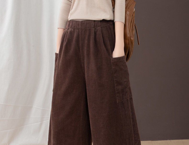 ZIMO - Elastische taille, effen fleecegevoerde corduroy broek met wijde pijpen
