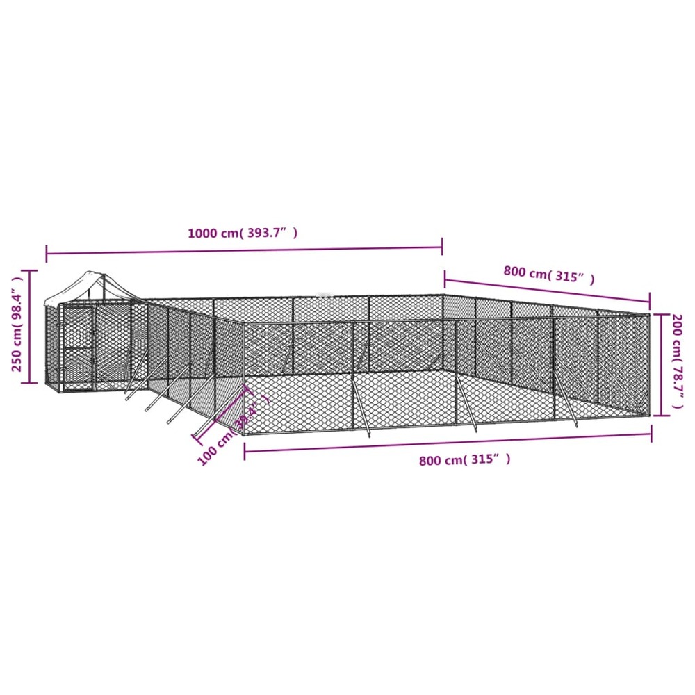Chenil d'extérieur pour chiens avec toit argenté 10x8x2,5 m