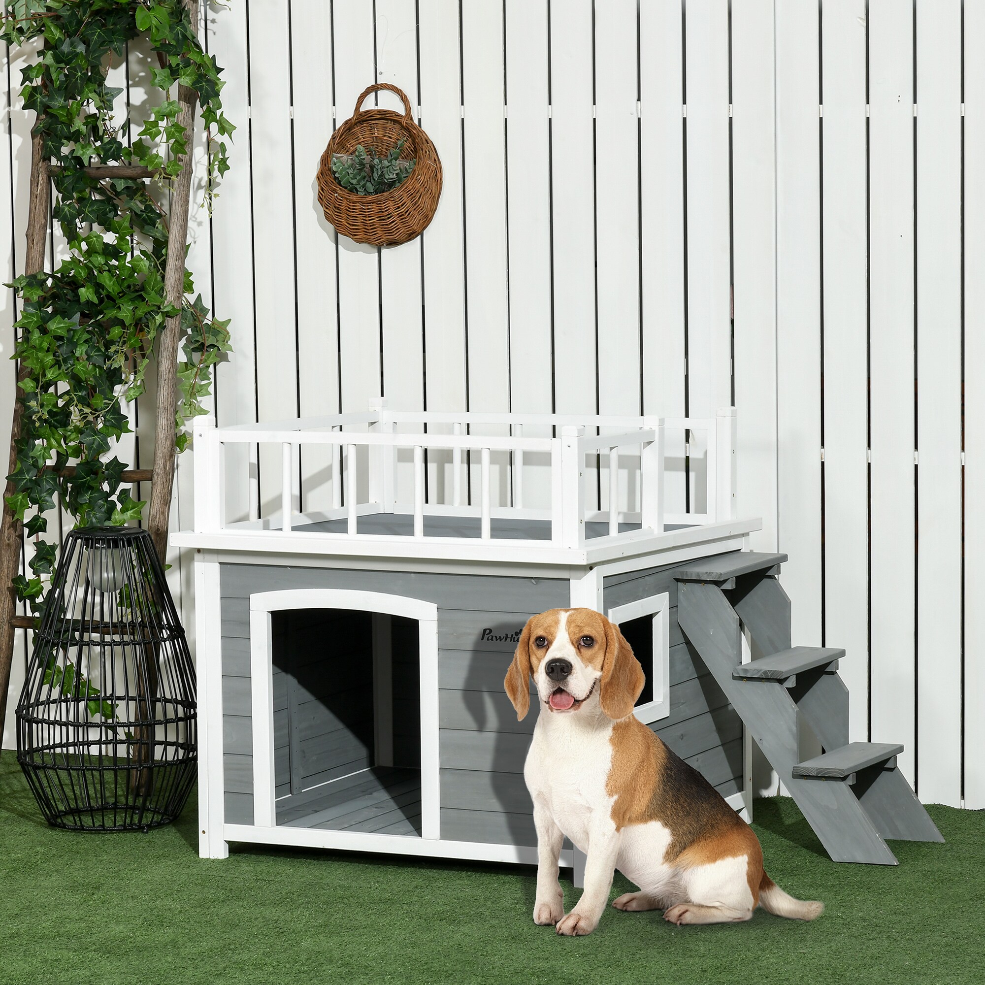 PawHut Hundehütte mit Treppe grau 121L x 77B x 78H cm