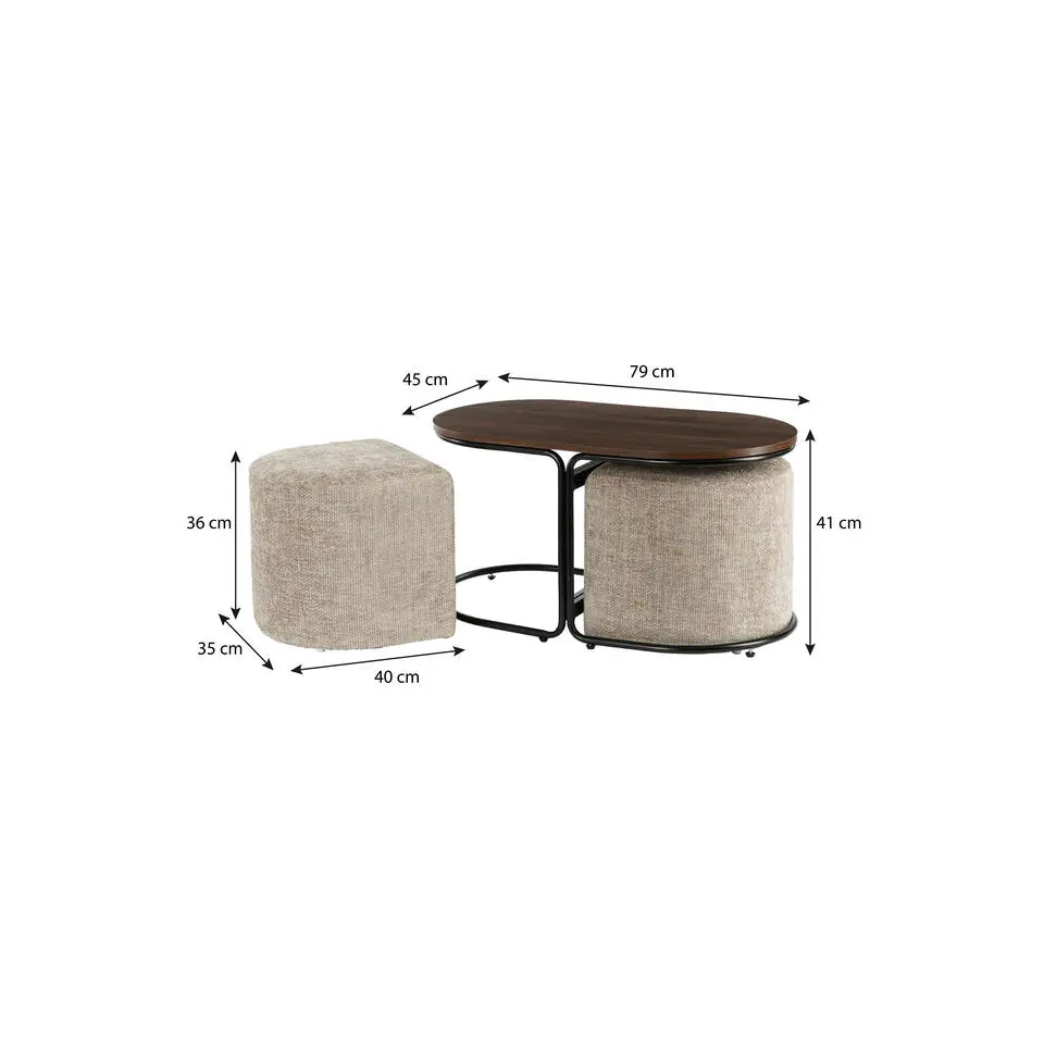 Mica Decorations Salontafel met Poefs - L79 x B45 x H41 cm - Grijs