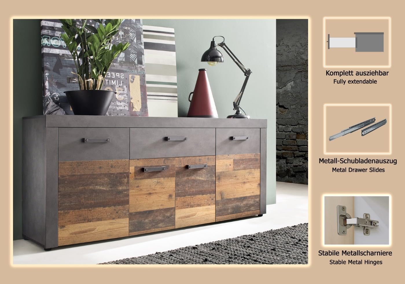 trendteam smart living - Indy - Kommode - Eiche/Grau - Sideboard mit 4 Türen, 1 Schublade und 5 Einlegeböden - (BxHxT) 178 x 76 x 40 cm - antikfarbene Griffe