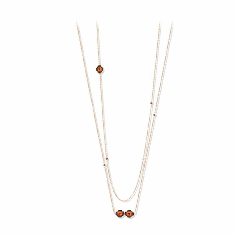 Collier Argent Sautoir Dore Multi Solitaires Orange Serti