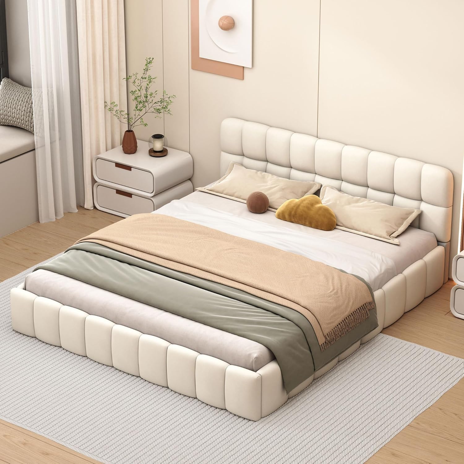 Polsterbett 140 x 200 cm, Doppelbett 140x200 mit Lattenrost, Bubble Bett Bettgestell, Jugendbett mit Gepolstertes Kopfteil, Leinen, Ohne Matratze (Beige, 140 * 200)