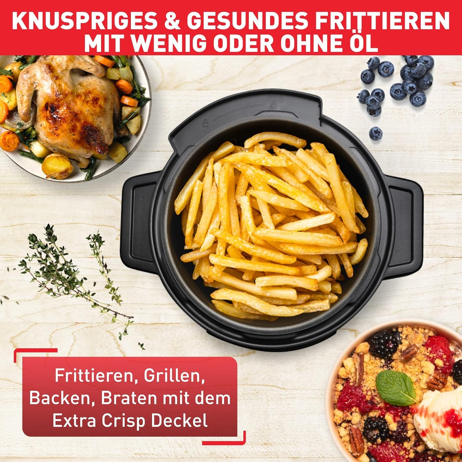 Tefal CY7788 Turbo Cuisine & Fry Multikocher, Schnellkochtopf & Heißluftfritteuse, 14 automatische Kochprogramme, Extra Crisp Deckel, vielseitig, 7,6 L Kapazität, inkl. Rezeptheft & Rezepte-App