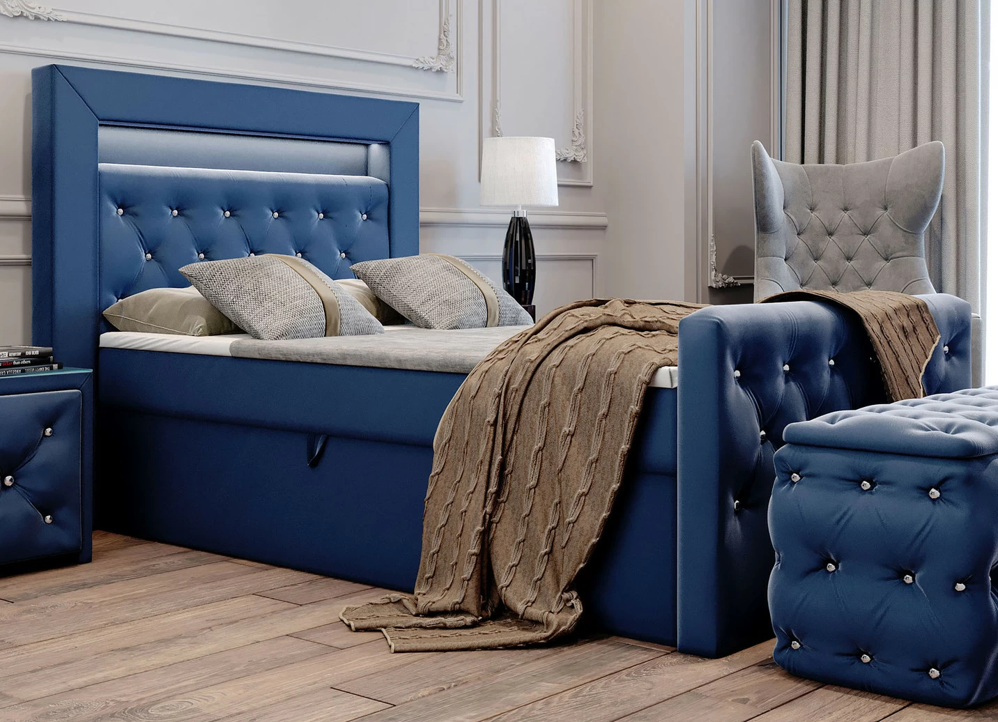 Boxspringbett mit LED-Beleuchtung und Topper