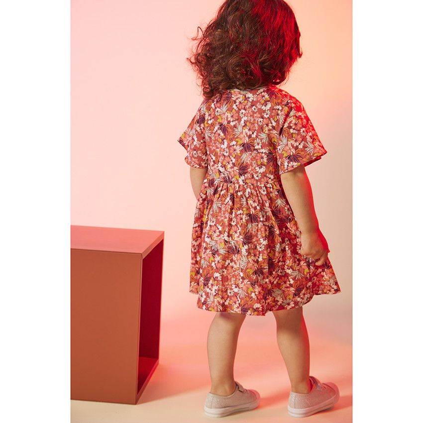 Robe manches courtes en toile imprimé fleuri pour bébé fille - Fuchsia
