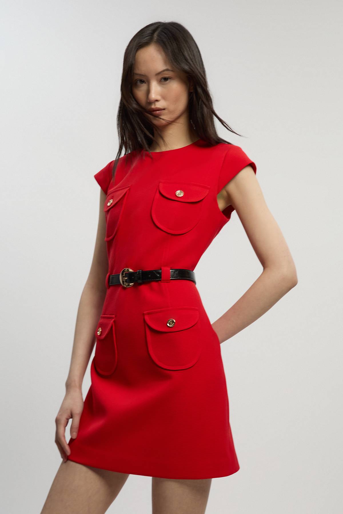 KarenMillen Robe Mini Ajustée Texturée Stretch Compact avec Ceinture - Petite Taille