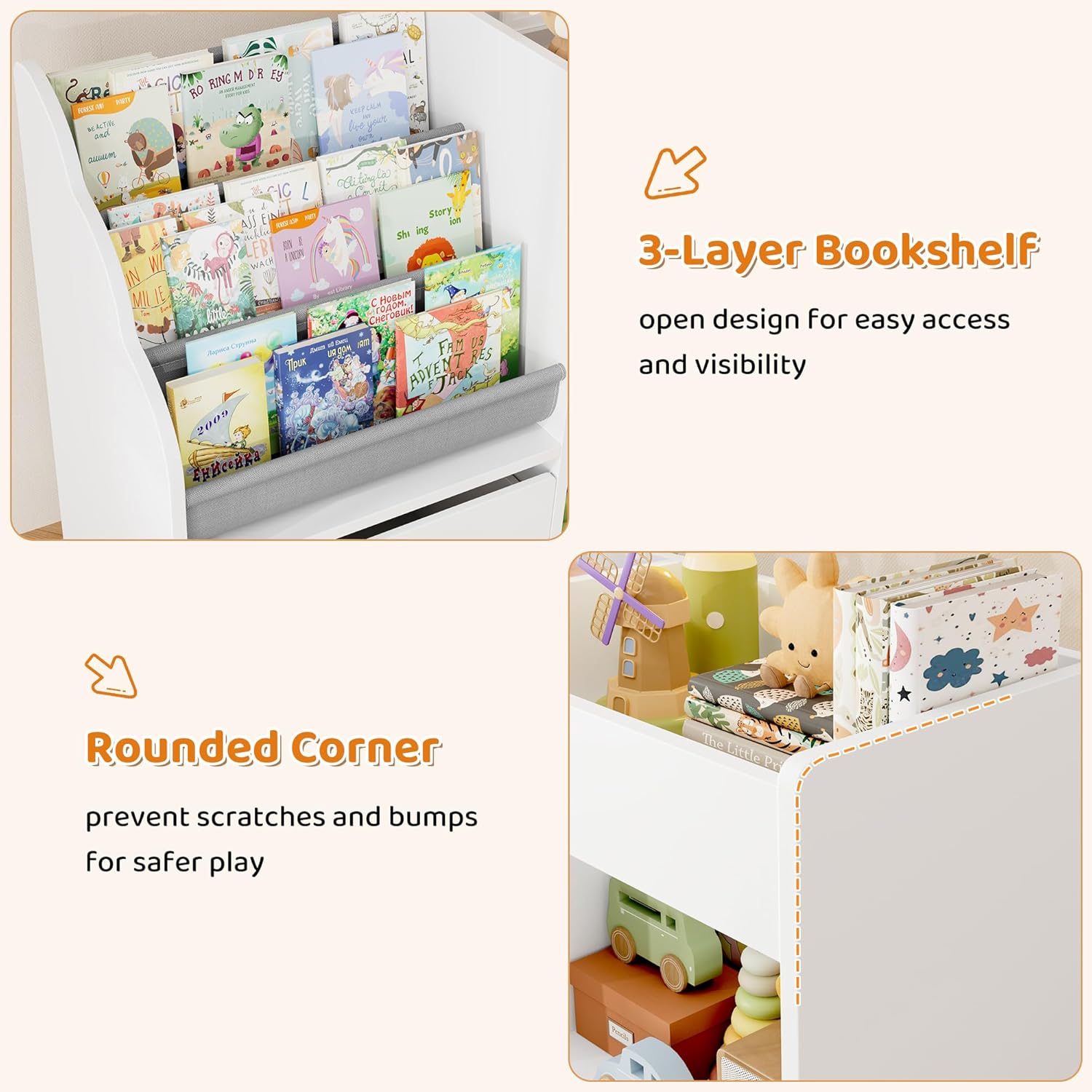 HOCSOK Kinderregal mit 8 Boxen auf Rollen, Regal Kinderzimmer mit Bücherregal, Spielzeugregal Kinderzimmer für Schlafzimmer Kindergarten, Weiß, 158x80x29.7cm