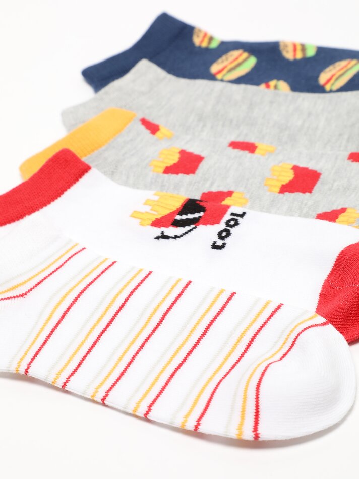Pacote com 5 pares de meias estampadas com motivos de fast food - Cores variadas