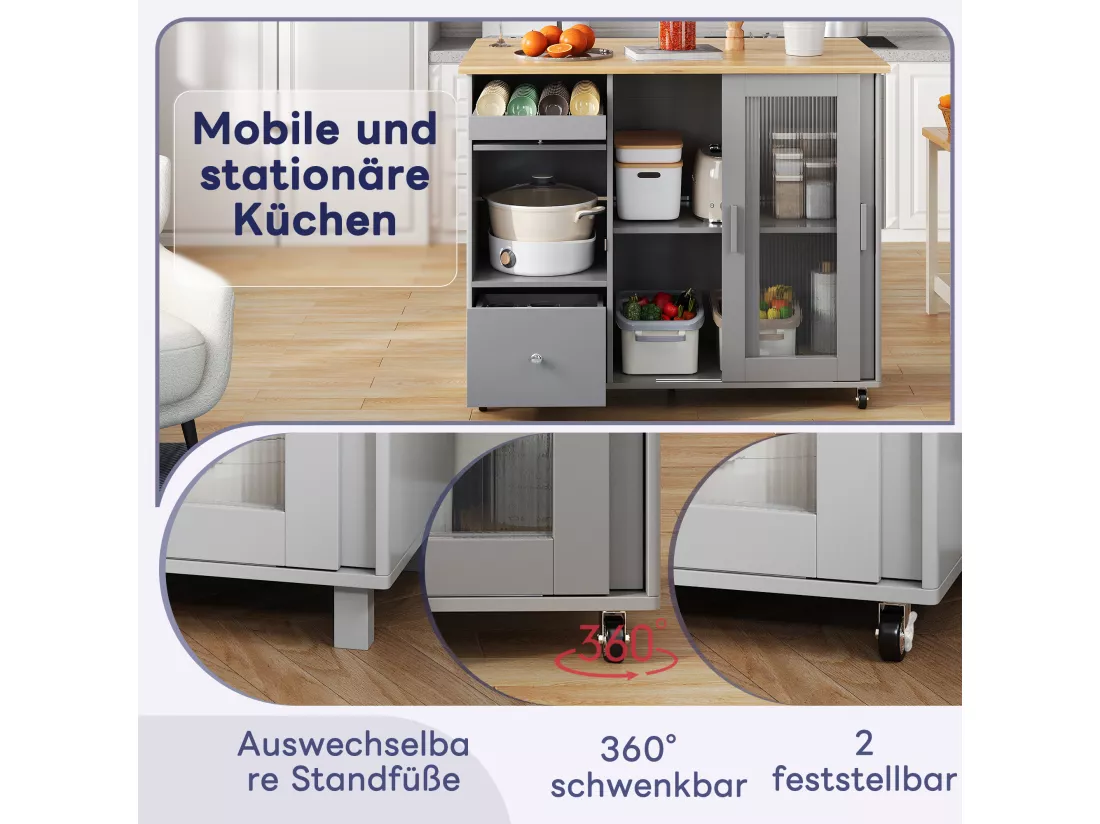 Ilot central de cuisine mobile avec 2 portes coulissantes, 1 tiroir et casier à vin - plateau extensible - 112x46/69x91 cm - MDF - Gris