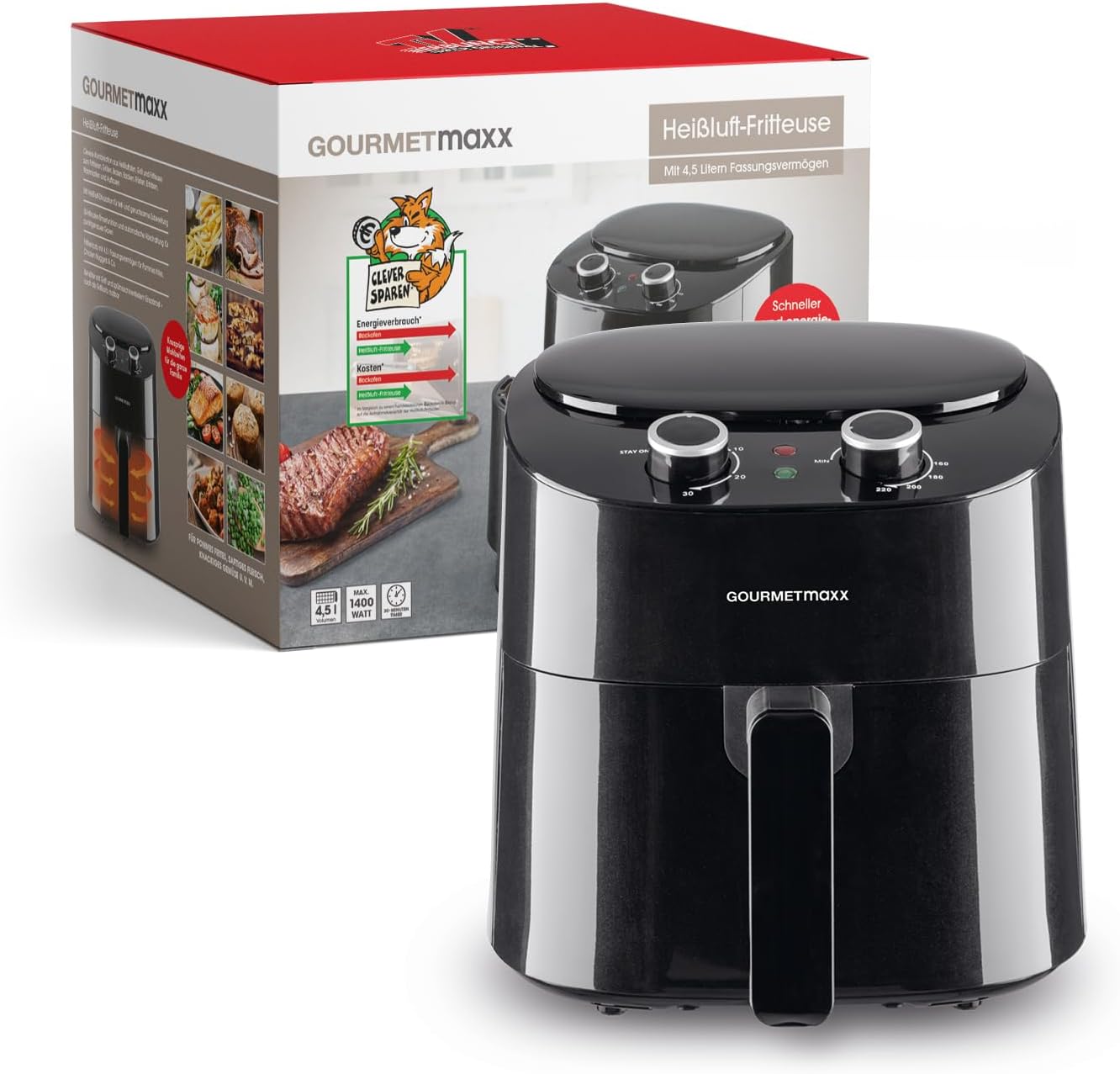 GOURMETmaxx Heißluftfritteuse 4,5L | Airfryer mit 8 Programmen, ideal zum besonders fettarmen Garen, Grillen oder Backen ohne Öl | Mit LCD-Display, Timer- & Stay-On-Funktion | 1400W [Schwarz]