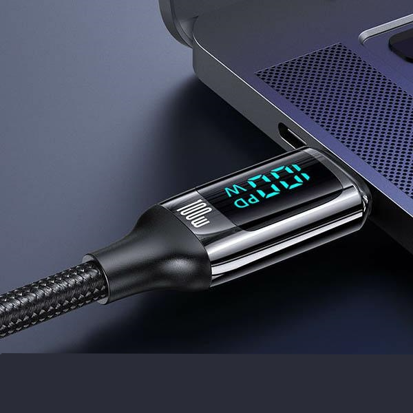 (1.2m) 100W USB C auf USB C Nylon Ladekabel Fast Charging PD Datenkabel mit Spannungs Anzeige (USA001036) - Schwarz