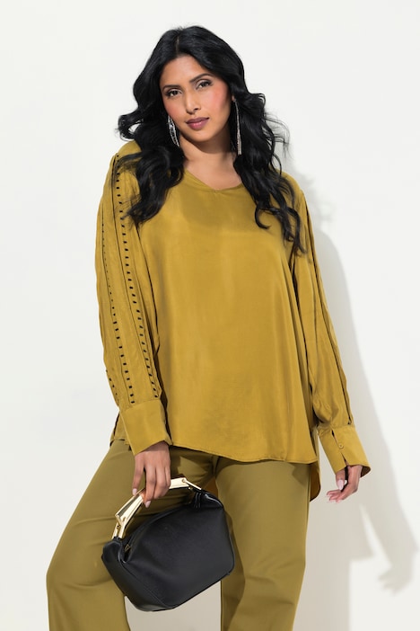 Cuprobluse, Perlen, V-Ausschnitt, Langarm