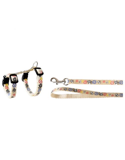Flamingo Kittenharnas + Lijn Topo Muismotief - Kattentuigje - Wit Print 20-35cm 10mm