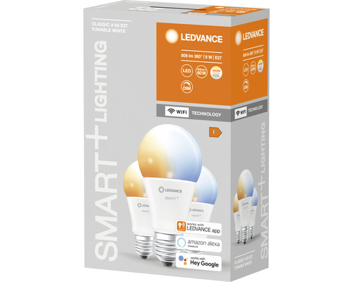 Ledvance Smart WIFI LED-lampen, dimbaar, A60 E27/9W (60W), mat, 806 lm, 2700-6500 K, warm wit-daglichtwit, 3-pack