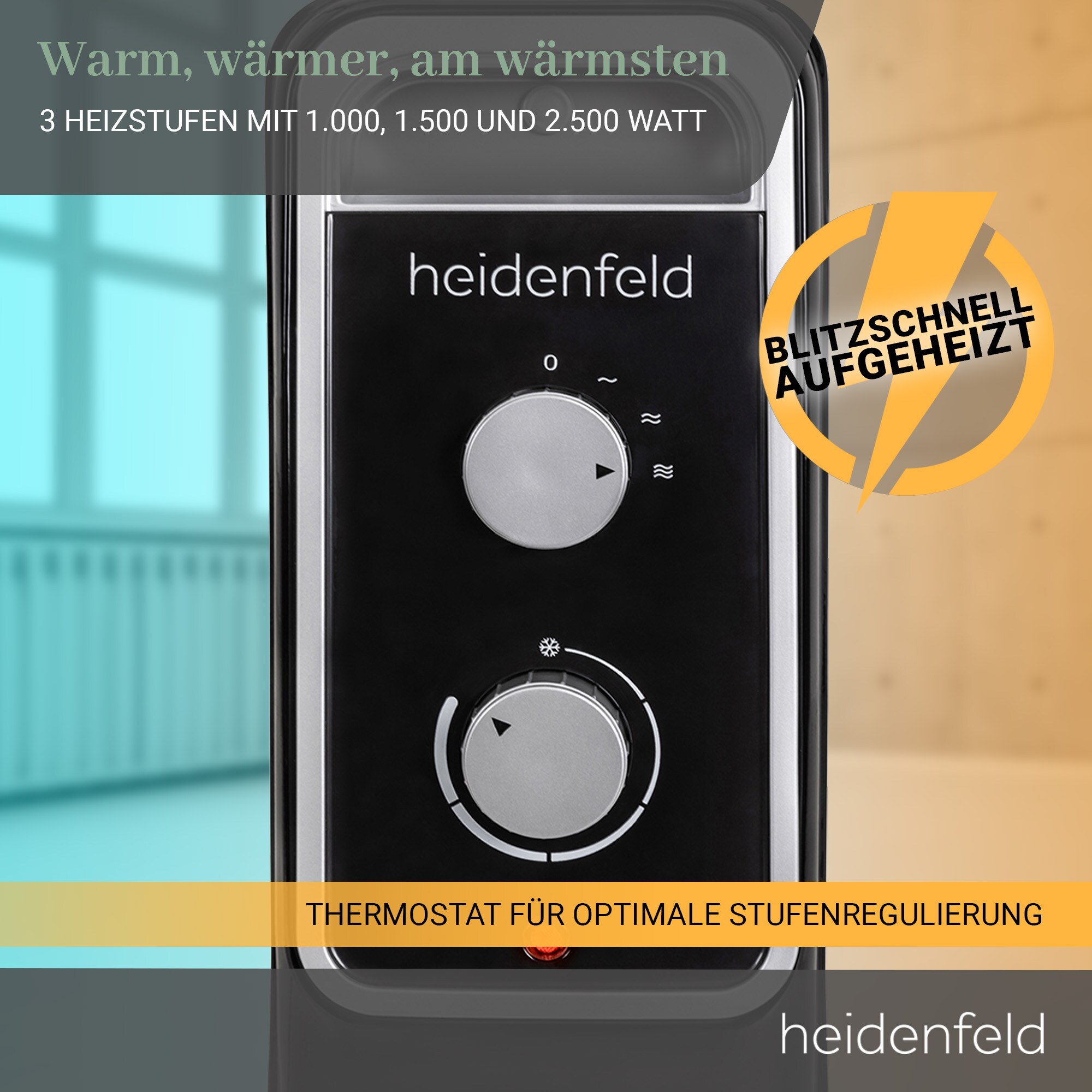 Heidenfeld Ölradiator ÖR100, Thermostat, 1000-2500 Watt, stufenweise Regulierung, 3 Jahre Garantie