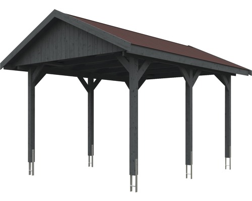 Enkele carport SKAN HOLZ Wallgau incl. rode dakspanen en H-paalankers 380 x 500 cm grijs