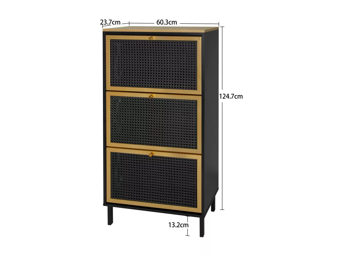 Haobosic - Meuble à chaussures avec trois portes et structure en métal tissé rotin, double étagère à chaussures, 60 cm, avec panneau arrière,noir