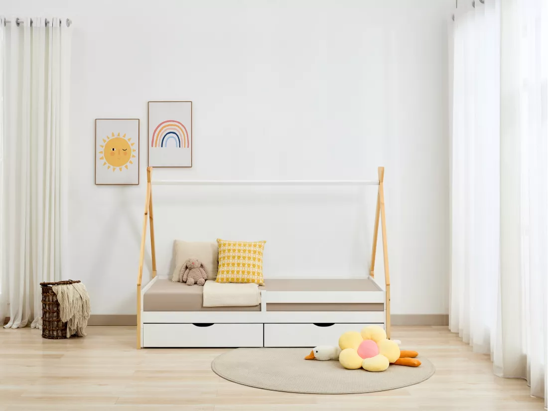 Lit tipi 90 x 190 cm avec tiroirs - Pin et MDF - Coloris : Blanc et naturel - LUANCO
