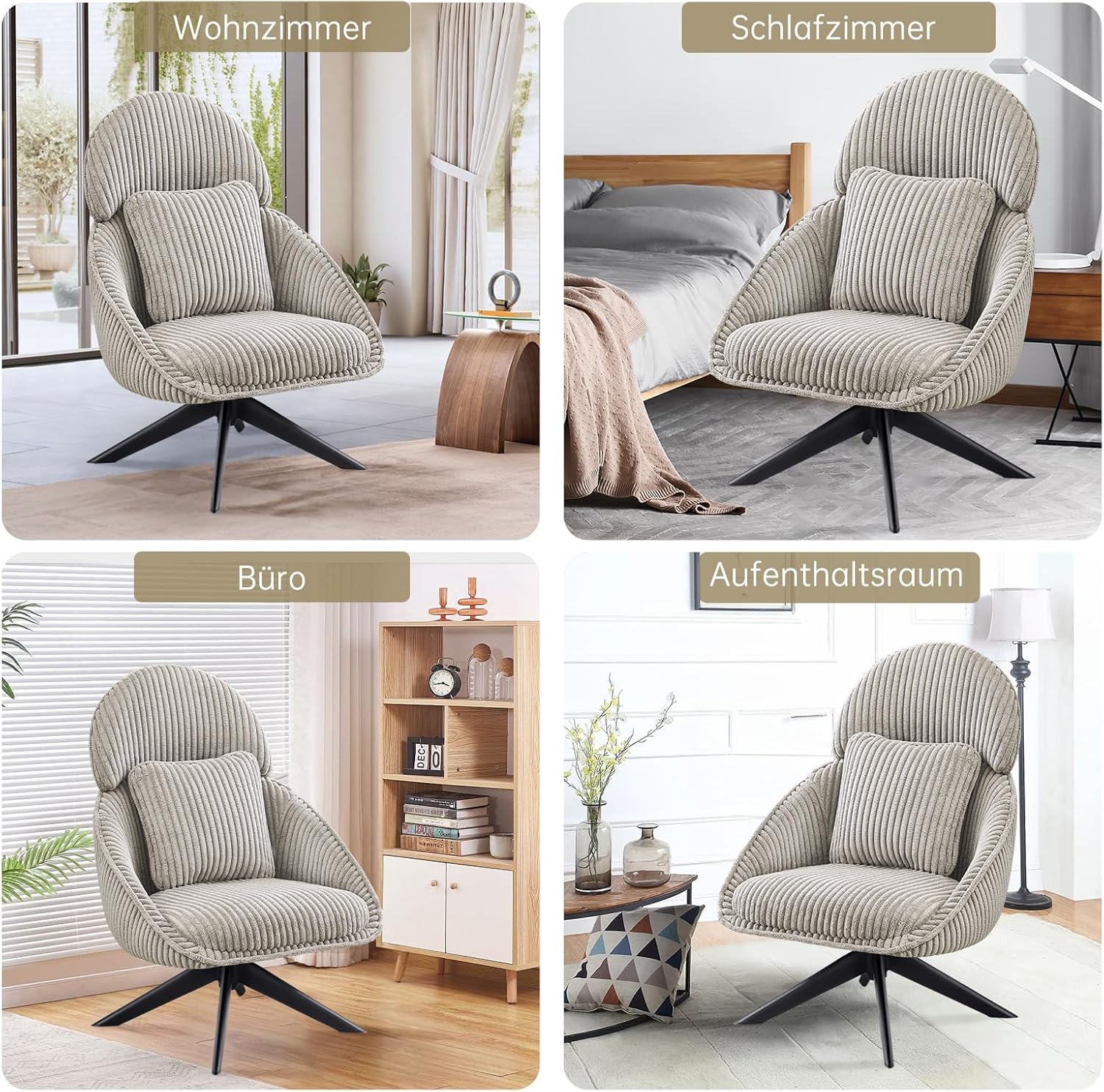 Loungesessel Sessel Wohnzimmer 360°Drehbar, Ohrensessel Armlehnstuhl Polsterstuhl mit dickem Abnehmbares Wurfkissen, Relaxsessel Lesesessel für Wohnzimmer Schlafzimmer Büro, Grau