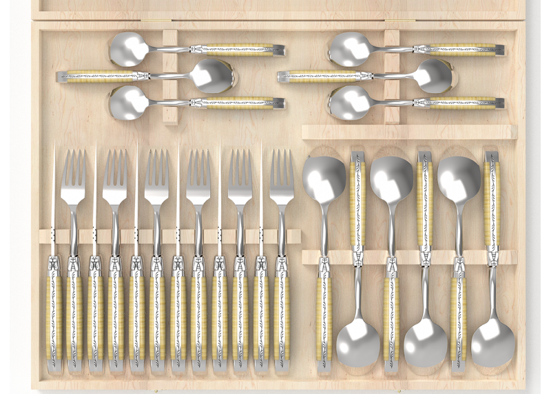 Service Laguiole de 24 pièces avec un manche en érable onde et mitres en acier inoxydable