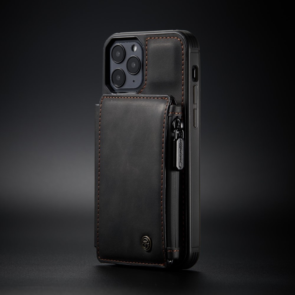 iPhone 12 / iPhone 12 Pro Leder Schutzhülle mit Münzbeutel   3 Kartenfächern - Schwarz