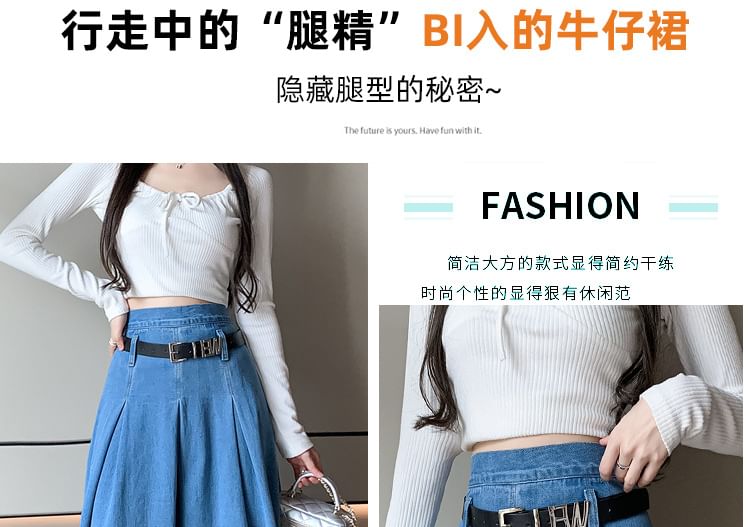 Frigga - Gewassen geplooide maxi-A-lijn denim rok met hoge taille en riem