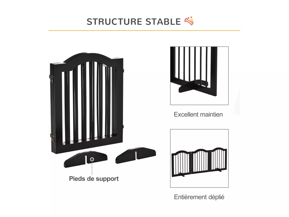 Barrière de sécurité barrière modulable pliable pour animaux de compagnie - piètement support - dim. 154,5L x 61H cm - MDF bois noir