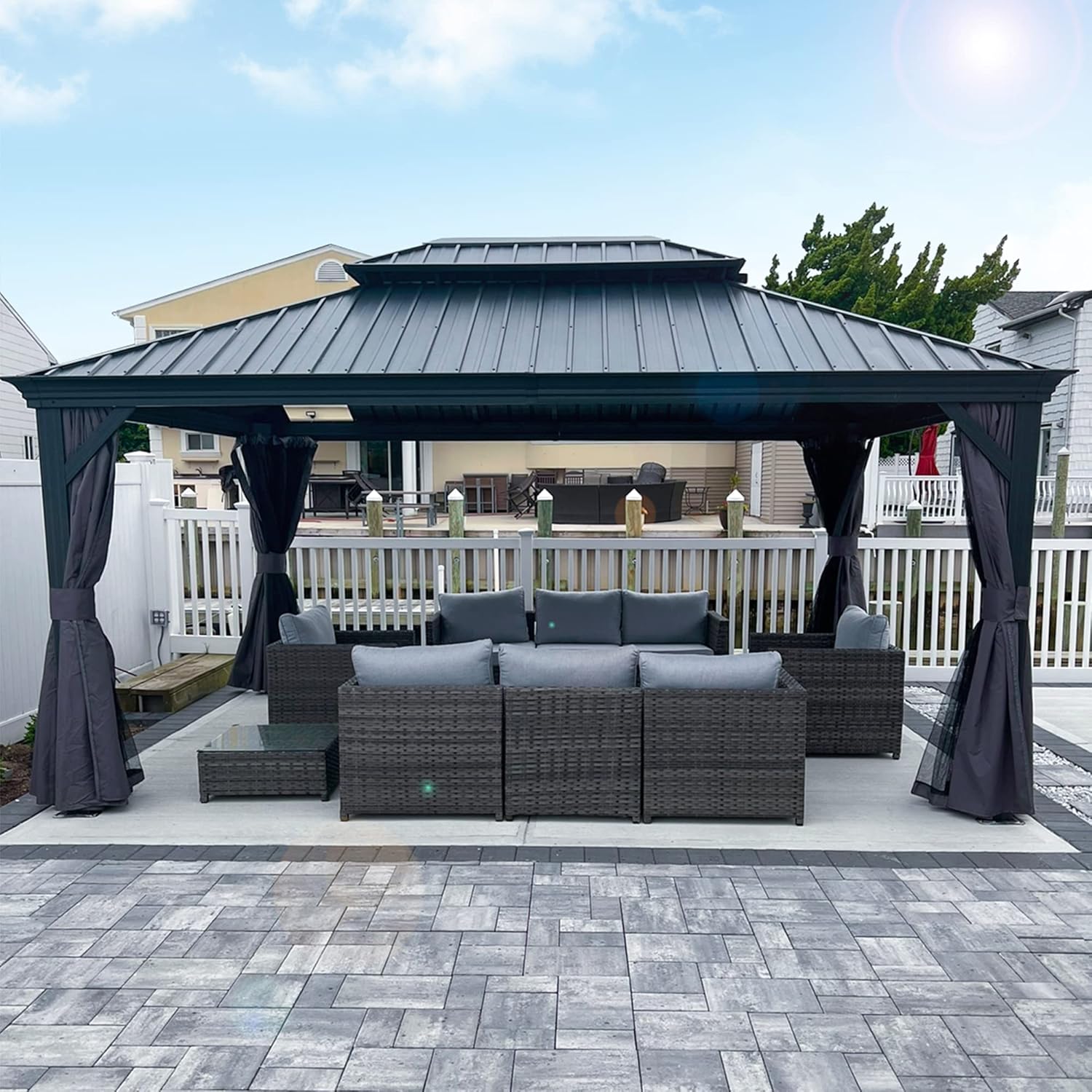 PURPLE LEAF Pavillon 3.65 x 4.85 m Wasserdicht Stabil Winterfest Gartenpavillon Alu Pavillon mit Seitenteile Hardtop mit Stahldach, Grau
