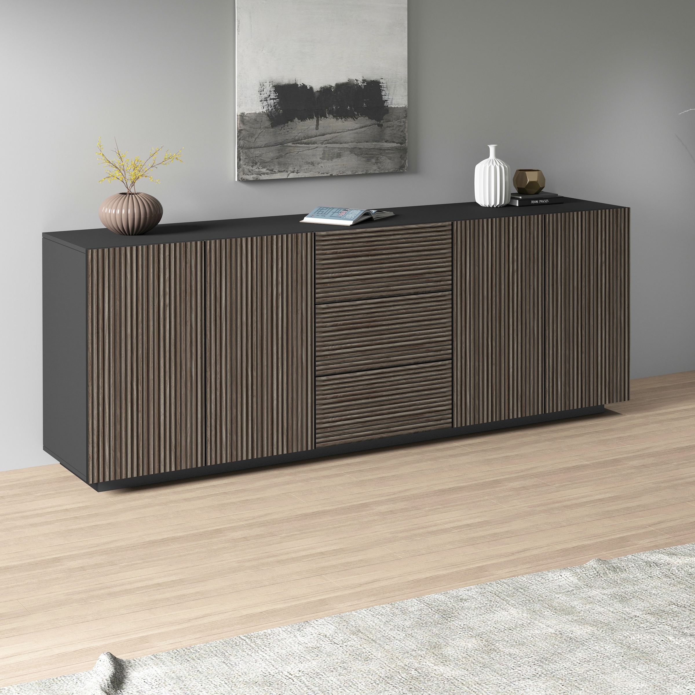 INOSIGN Sideboard »Vega Sideboard,Kommode,220 cm« mit 4 Türen und 3 Schubladen,Fronten mit Rillen-Optik