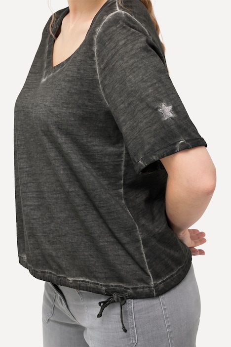 T-Shirt, Metallic-Stern, Saumband, Herzausschnitt, Halbarm