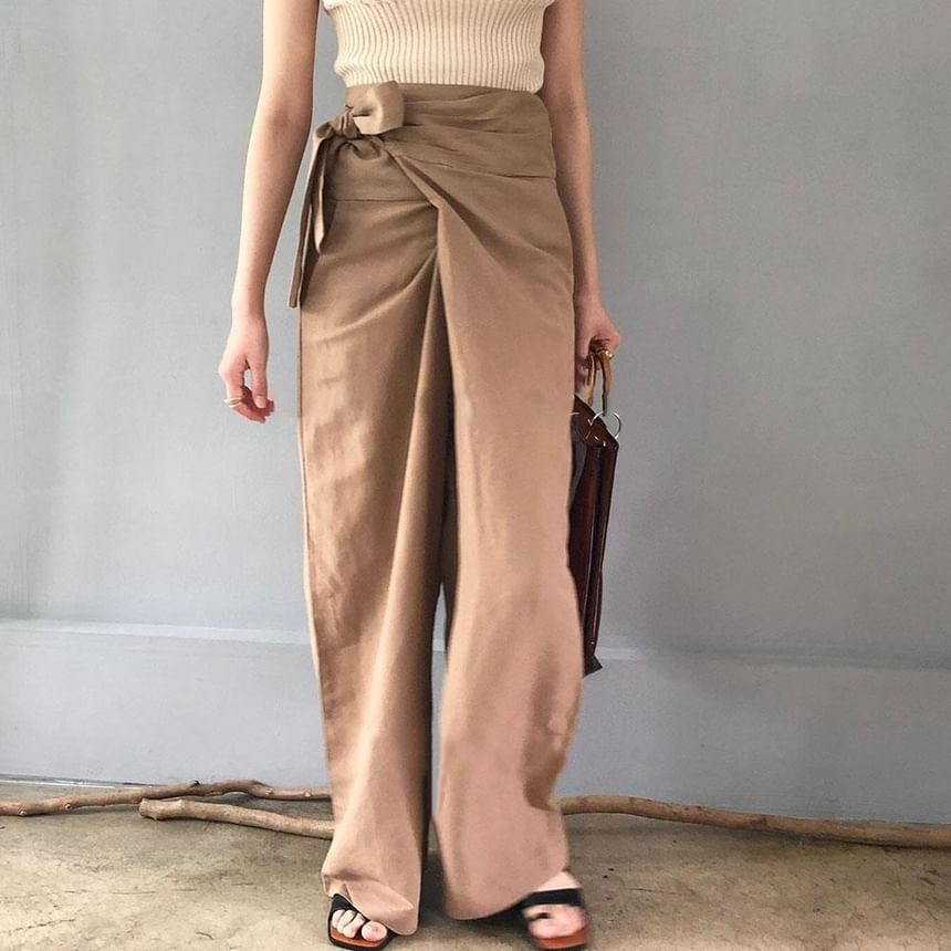 YARU - High Rise Plain Knot Wide Leg Broek