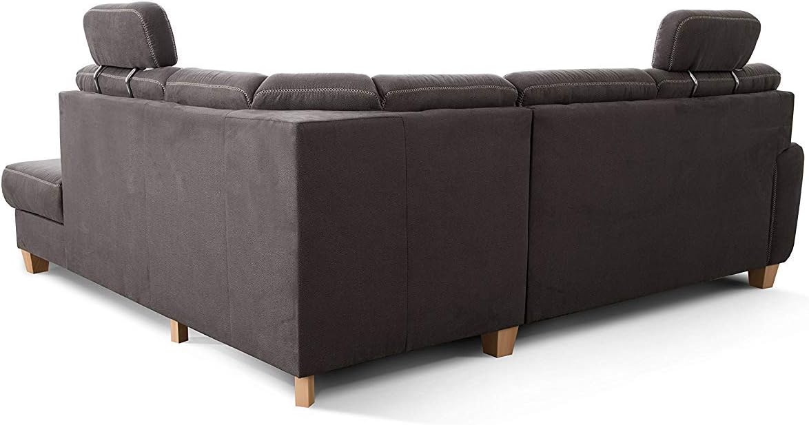 Cavadore Ecksofa Wisconsin mit Federkern / Landhaus Sofa mit 2 Kopfstützen / Landhausstil / Holzfüße in Buche / Mikrofaser in Lederoptik / Größe: 248 x 88 x 215 cm (BxHxT) / Farbe: Dunkelgrau