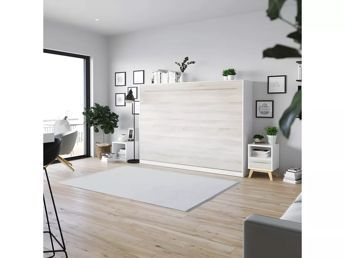 Armoire Lit escamotable 140x200cm Supérieur Horizontal Lit Rabattable Lit Mural Blanc /Chêne Sonoma