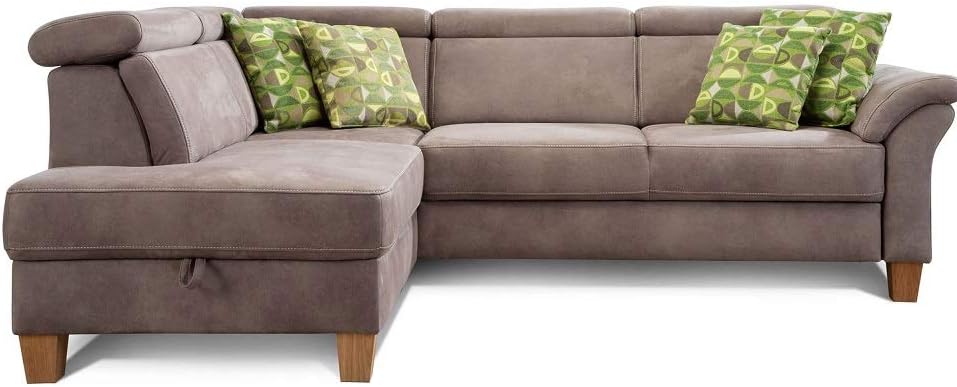 Cavadore Ecksofa Ammerland mit Ottomane links / Federkern-Sofa im Landhausstil mit verstellbaren Kopfstützen / 245 x 84 x 194 / Lederoptik hellbraun