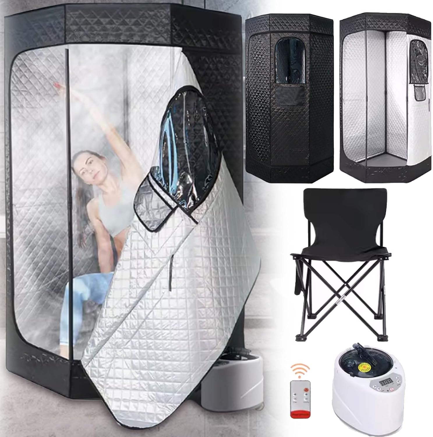 Sauna Saunazelt, 1200W Saunakabine Dampferzeuger Sauna Dampfsauna für Zuhause Draussen Tragbare Saunazelt Timer & 9 Temperaturstufen mit Dampfsauna 3L Dampftopf Fernbedienung Klappstuhl 180CM(H)