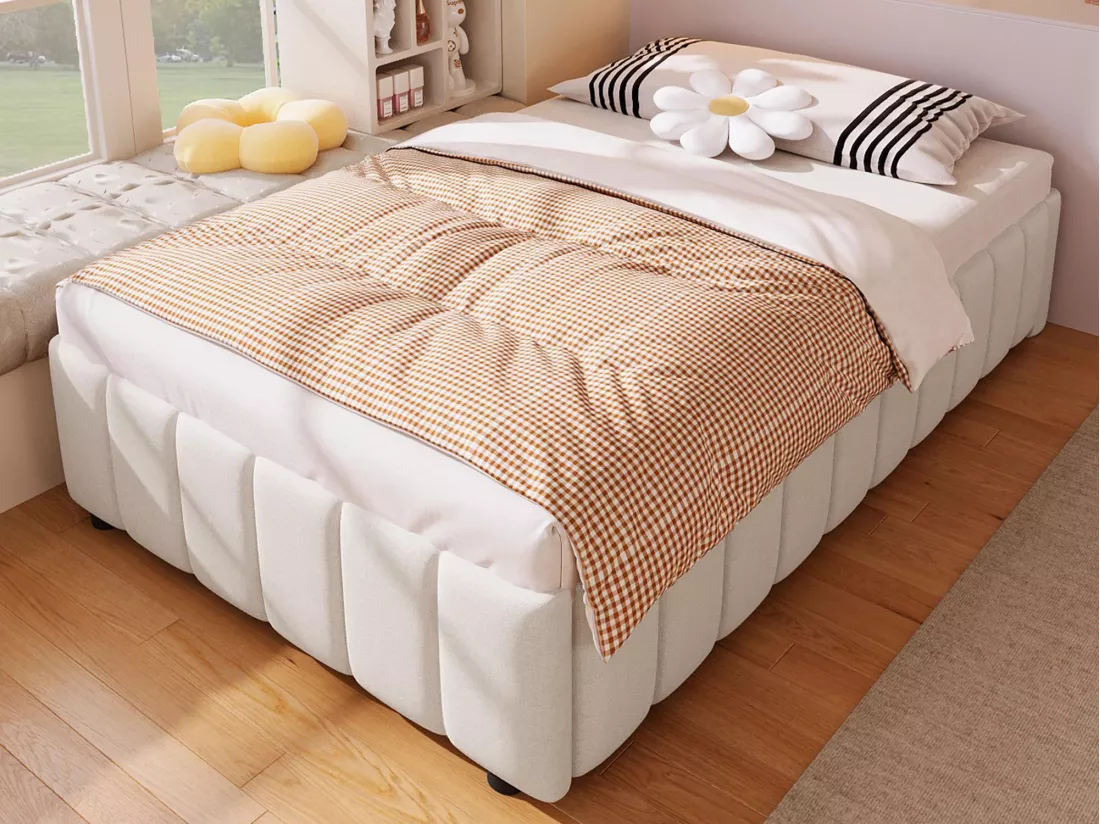 Lit coffre capitonné en lin - 90x200 cm - sans tête de lit - Beige